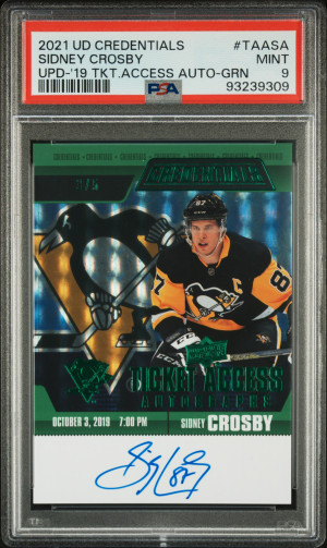 2021 Upper Deck Credentials Update Sidney Crosby Green Auto /5 PSA 9 front