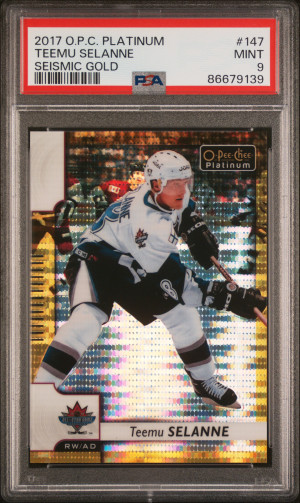 2017 O-Pee-Chee Platinum Teemu Selanne Seismic Gold /50 PSA 9 front