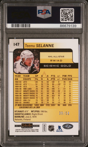2017 O-Pee-Chee Platinum Teemu Selanne Seismic Gold /50 PSA 9 back