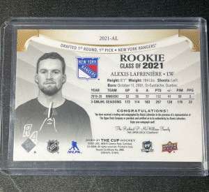2020 The Cup Alexis Lafreniere Gold Rookie Auto /50 back