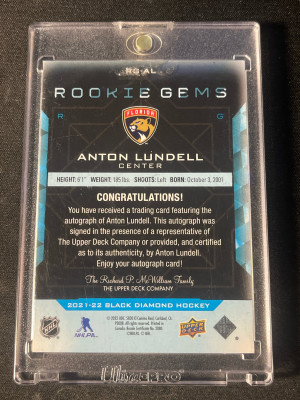 2021 Black Diamond Anton Lundell Rookie Gems Auto 1/1 back