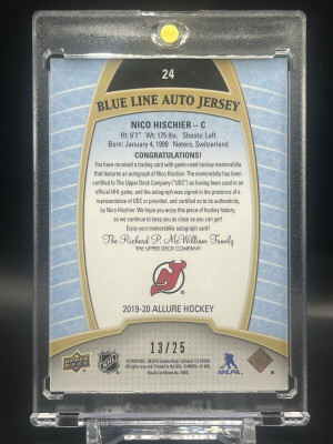 2019-20 UD Allure Nico Hischier Blue Line Auto Jersey 13/35 Jersey Numbered 1/1 back