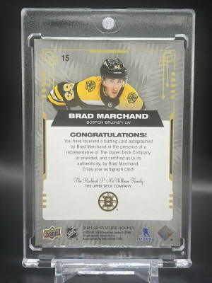 2021-22 UD Stature Brad Marchand Red Auto /25 #15 back