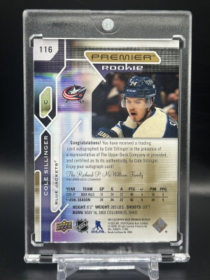 2021-22 UD Premier Cole Sillinger Gold Rookie Auto 34/35 Jersey Number 1/1 RC back