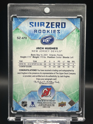 2019-20 UD Ice Jack Hughes SubZero Green Rookie Auto /25 #SZ-47V RARE! back