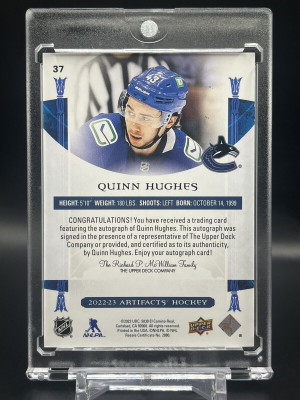2022-23 UD Artifacts Quinn Hughes Auto Black /5 #37 back