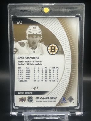2023-24 UD Allure Brad Marchand Golden Treasures 1/1 #90 One Of One back