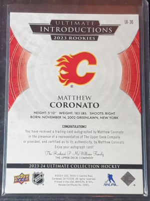 2023-24 Ultimate Collection Ultimate Introductions Rookies Auto Matthew Coronato back