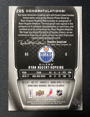 2011-12 Upper Deck SPx Rookie Ryan Nugent-Hopkins 53/499 Jersey Patch back