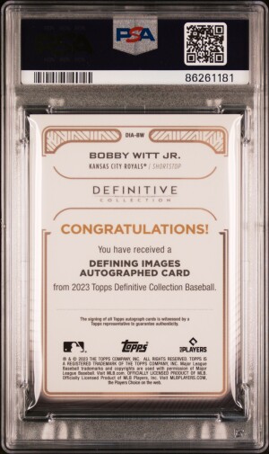 2023 Topps Definitive Collection Defining Images Autograph Collection Bobby Witt Jr. PSA 10 back