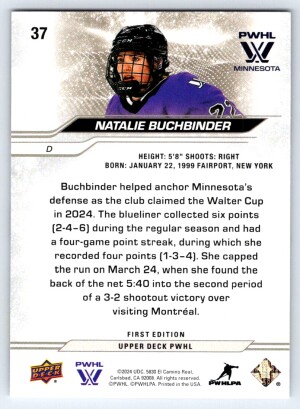 2024 Upper Deck PWHL First Edition Natalie Buchbinder #37 back