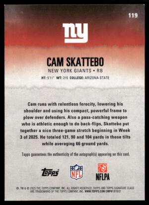 2025 Topps Signature Class #119 Cam Skattebo Autographs back
