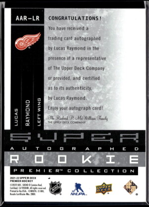 21/22 UD PREMIER SUPER ROOKIE AUTOGRAPH #AAR-LR LUCAS RAYMOND RC (03/35) back