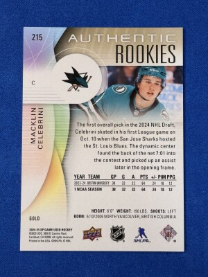 Macklin Celebrini Authentic Rookies Gold Parallel /149 2024-25 SP Game Used back