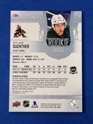 Dylan Guenther Rookie Auto Patch /249 2022-23 The Cup back