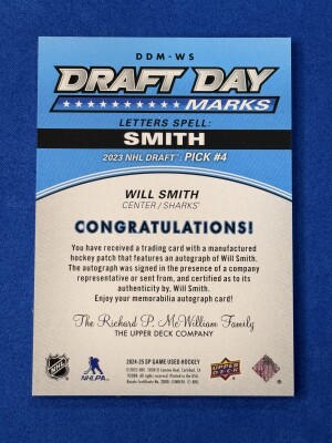 Will Smith Draft Day Marks "S" /35 Rookie Auto 2024-25 SP Game Used back