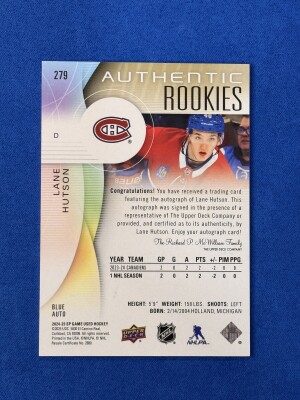 Lane Hutson Authentic Rookies Auto Blue 2024-25 SP Game Used back